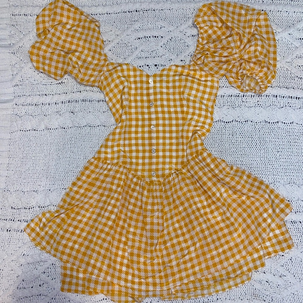 Caroline Constas Cottagecore Checkered Yellow Mini Puff Sleeve Sun Dresss